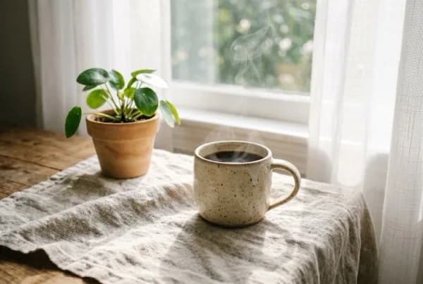 A steaming ceramic mug of coffee and a small potted plant on a linen-draped table by a sunlit window - on a simple ten-minute morning ritual, with Ellie James