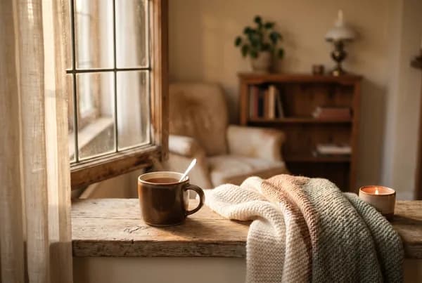 A warm mug resting on a wide windowsill in the last gold light of late afternoon, a soft throw draped nearby, the quiet room blurred gently beyond the glass.