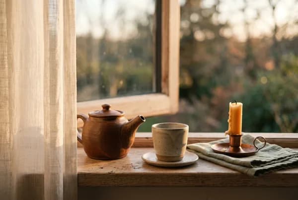 Warm late-afternoon window light falls across a small earthenware teapot and one stoneware cup on a light-wood sill, a half-burned candle and a folded linen cloth nearby, the day softening to dusk.