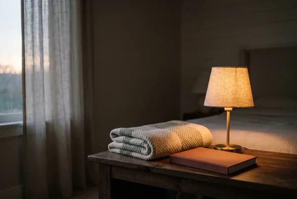 A small lit bedside lamp casting a warm amber glow over a folded wool blanket and a closed clothbound book on a dark wood nightstand, the rest of the room falling softly into dusk.