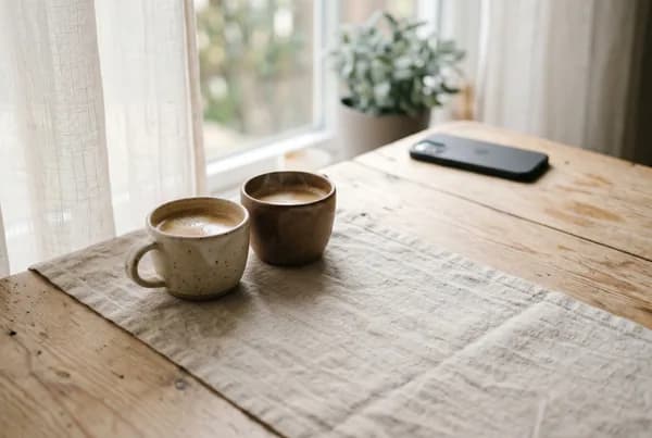 Two simple ceramic cups rest close together on a linen-draped light-wood table in gentle natural light, a phone set face-down and pushed to the far edge, the near space open and quietly attentive.