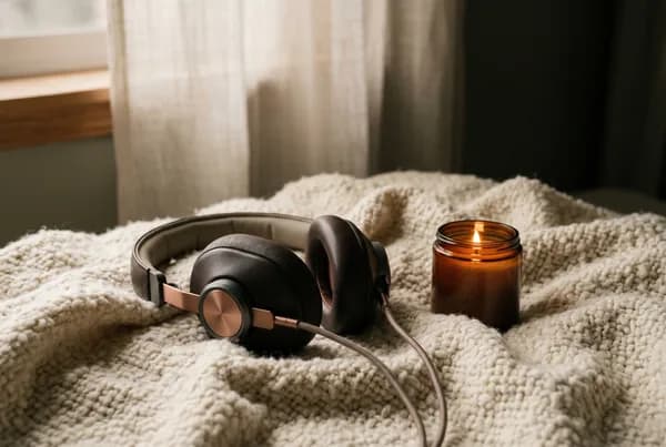 A pair of soft over-ear headphones resting on a rumpled cream wool blanket beside a low amber candle, warm light fading into a dark quiet background.