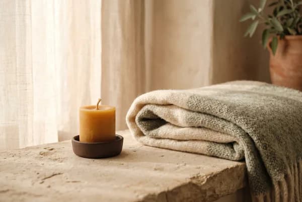 A low unlit beeswax candle and a folded soft wool throw on a pale stone ledge, warm golden light washing gently over the calm uncluttered surface.