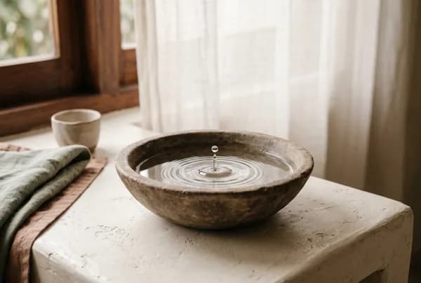 A shallow stone bowl of still water on a pale surface catching soft diffused daylight, gentle ripples settling outward, a single drop suspended above its calm centre.