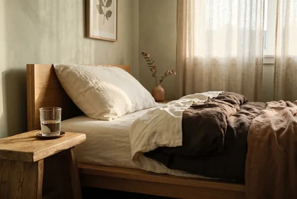 A smoothed white linen pillow and turned-down bedding on a low wooden frame, a quiet glass of water catching the last warm natural light.