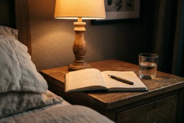 A small bedside lamp, an open notebook with a pen and a glass of water on a wooden nightstand at night - on how to stop overthinking at night, with Ellie James