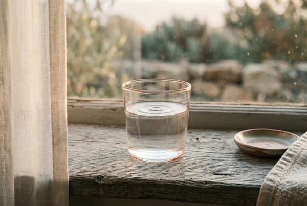 A single clear glass of still water on a weathered grey windowsill, one slow ripple settling at its surface, warm low light catching the rim against a softly blurred calm background.