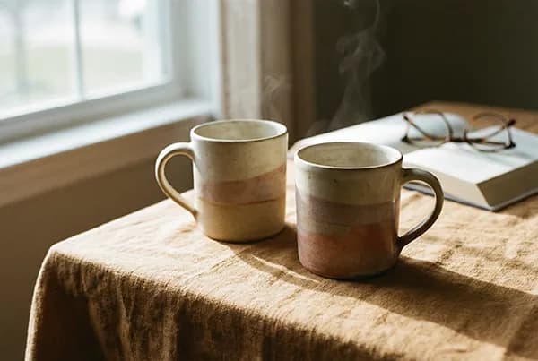 Two ceramic mugs, one steaming, beside an open book and reading glasses on a linen table - on presence and truly listening, with Ellie James