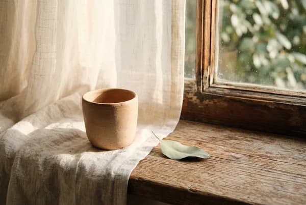 A single unglazed ceramic cup on a pale linen cloth beside a sunlit window, soft morning light pooling across a worn wooden sill, one fallen eucalyptus leaf resting nearby.