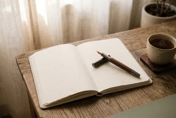 An open blank notebook with a slim uncapped fountain pen laid across it on a warm oak table, a small cup of cooling tea nearby, soft golden side light and quiet shadow pooling in the negative space.
