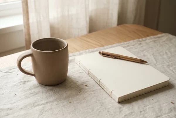 A still pale-linen surface in soft morning light holds a single unglazed ceramic mug gone cool beside a closed cream notebook, a quiet drift of light wood grain beneath, nothing touched for hours.