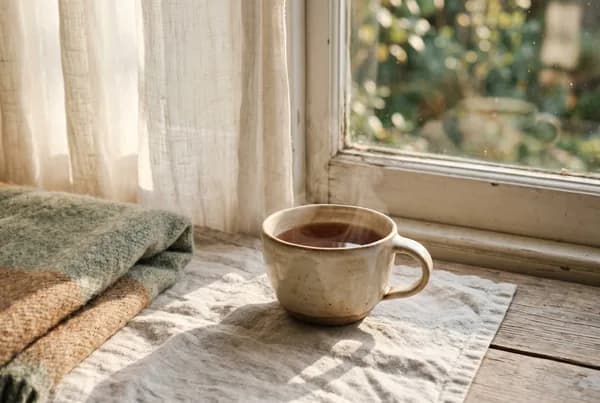 A single ceramic cup of steaming tea on a pale linen cloth beside a sunlit windowsill, soft golden morning light raking across the surface, one folded blanket edge just visible, quiet and unhurried.