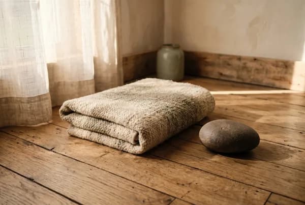 A folded wool blanket and a single smooth stone sit on bare floorboards in a warm slant of late-afternoon sun, soft shadows pooling beside them.