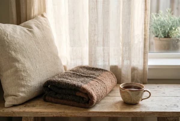 A single linen pillow and folded wool throw on pale wood beside a low ceramic cup, bathed in soft warm afternoon light through a sheer curtain.