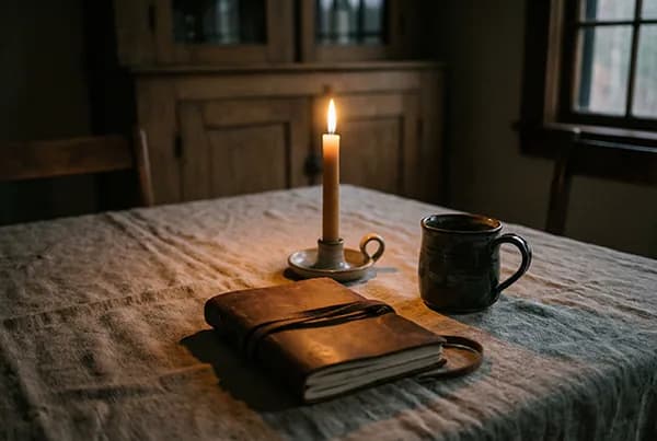 A lit candle, a closed leather journal and a dark ceramic mug on a linen table in dim evening light - on an evening ritual to close the day, with Ellie James