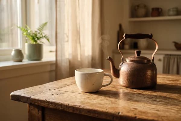A single pale ceramic cup resting on a worn wooden table beside a slow-warming kettle, low golden morning light raking across the grain in a quiet kitchen still life.