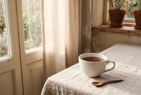 A single white ceramic cup of tea on a pale linen surface beside a sunlit window, soft steam rising into warm low-angle morning light, generous empty space around it.