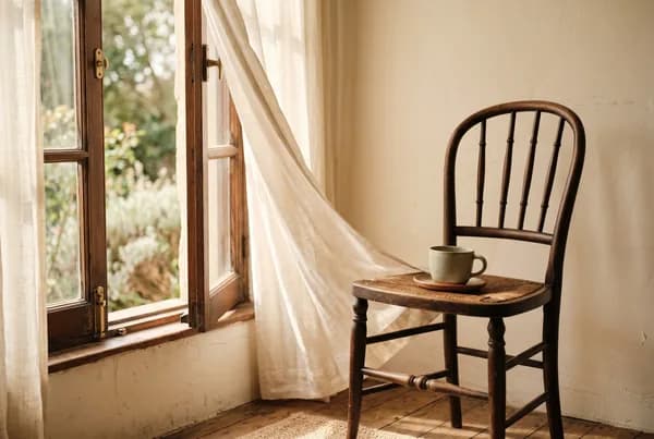 A half-open window with sheer cream curtains drifting inward, warm afternoon light falling across an empty wooden chair and a single ceramic cup set on its seat.