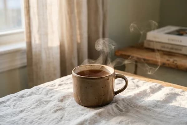 A single ceramic mug of tea steams on a pale linen cloth beside a wisp of rising vapor, caught in soft low-angle morning light.