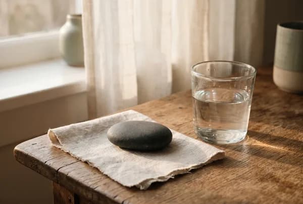 A single smooth river stone resting on a pale linen cloth beside a clear glass of still water, low warm morning light pooling soft shadows across the bare wooden surface.