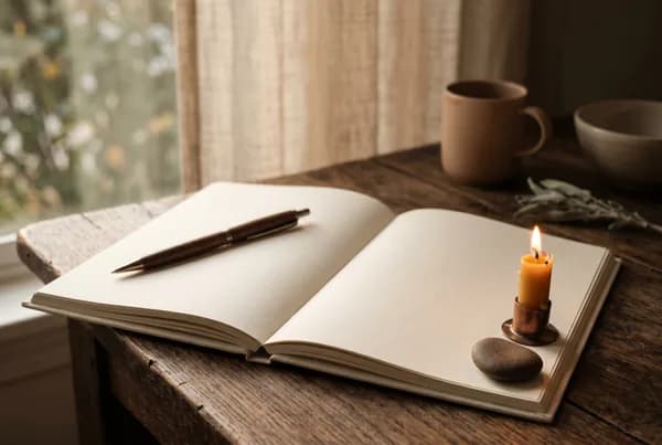 An open blank notebook and a slim wooden pen on a quiet desk in warm low evening light, a half-burned beeswax candle and a small smooth stone resting at the page's edge.
