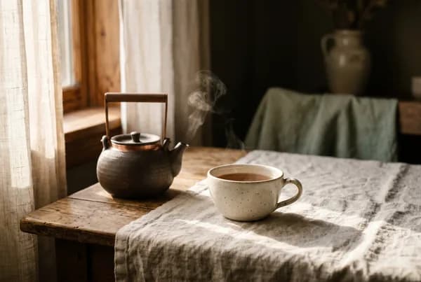 A single white teacup on a pale linen cloth beside a softly steaming kettle, warm low-angle morning light raking across the table, everything else falling into gentle shadow.
