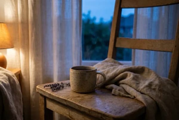 A handmade ceramic mug and a folded linen throw on a wooden chair by a curtained window at dusk, a sprig of lavender and a warm lamp nearby - on sleep meditation and winding down, with Ellie James