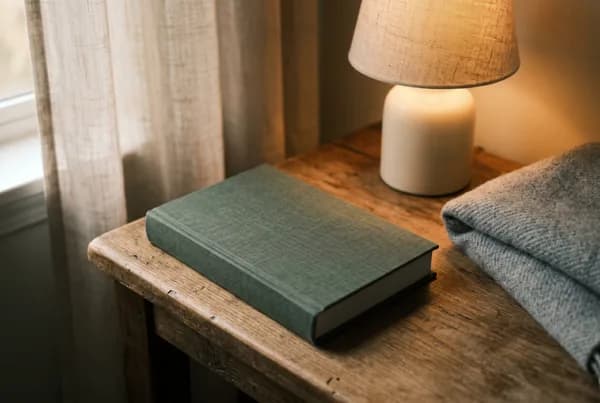 A closed cloth-bound book rests on a dimly lit nightstand beside a low warm lamp glow and a folded grey blanket edge, bathed in soft amber half-light.