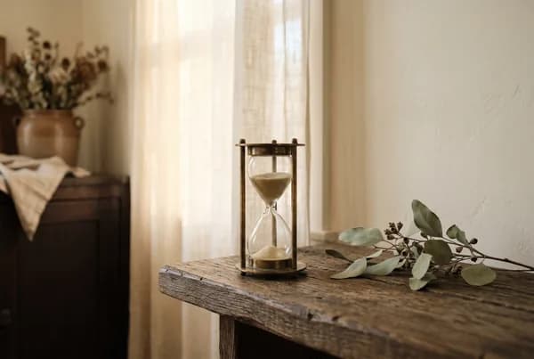A small brass hourglass with sand mid-fall on a weathered oak shelf, soft amber morning light from the side, a sprig of dried eucalyptus lying beside it, calm and spacious.