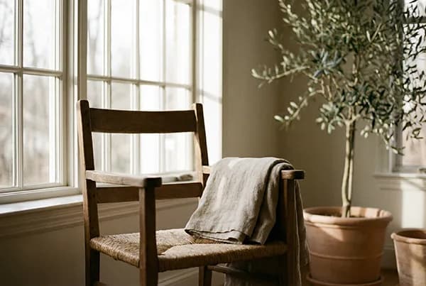 An empty wooden chair with a folded linen throw by a bright window, beside a potted olive tree - on a daily ten-minute stillness practice, with Ellie James