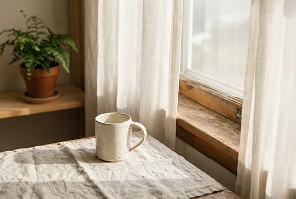 A handmade ceramic mug on a linen-draped table by a sunlit curtained window, a fern nearby - on stillness and simply stopping, with Ellie James