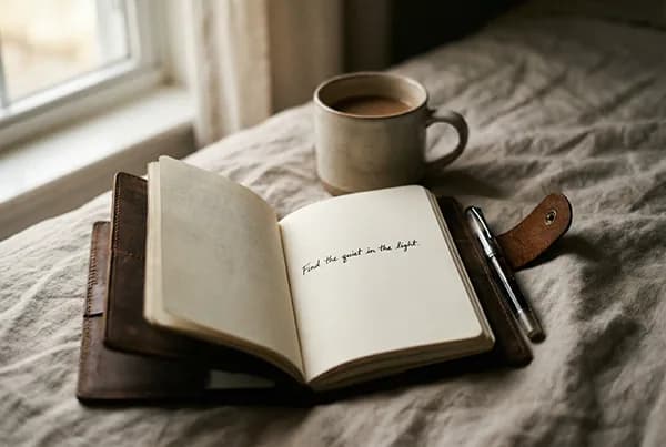 An open journal with a handwritten line and a cup of coffee on soft linen bedding - on setting a daily morning intention, with Ellie James