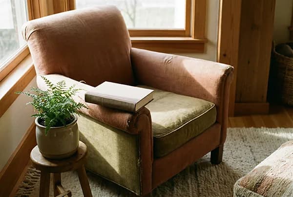 A worn leather armchair by a window with an open book on the seat and a potted fern alongside - on inner life and knowing what you actually want, with Ellie James