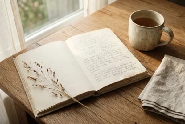 An open journal with faint handwriting, a dried stem, a ceramic mug and folded linen on a wooden table in soft daylight - on what inner work actually means, with Ellie James
