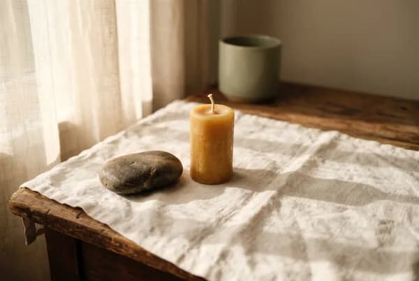 A single smooth river stone resting on a pale linen cloth beside an unlit beeswax candle, low warm morning light raking across from the left, deep soft shadows and generous empty space.