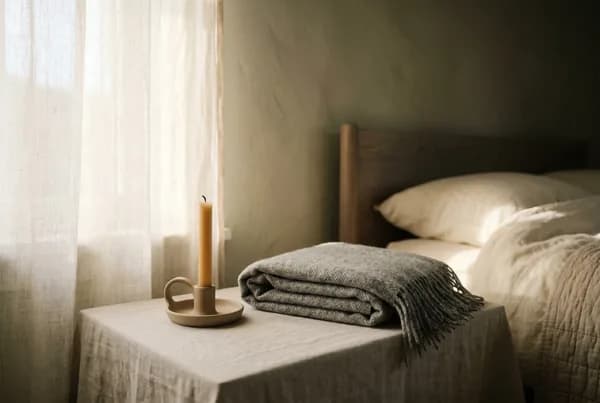 A single unlit candle and a folded grey wool throw on a pale linen bedside table, low amber lamplight pooling from one side into deep shadow, soft and still.