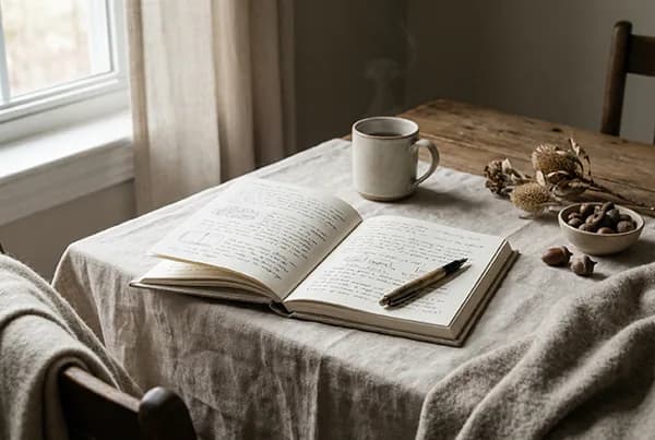 An open handwritten journal and a steaming mug on a linen table in soft morning light - on building a morning ritual that lasts, with Ellie James