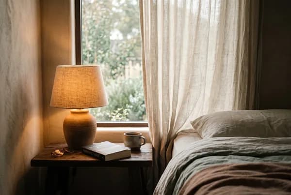 A dimmed bedside lamp casting warm amber light over a closed paperback and a half-drawn linen curtain, the room hushed in soft browns and shadow.