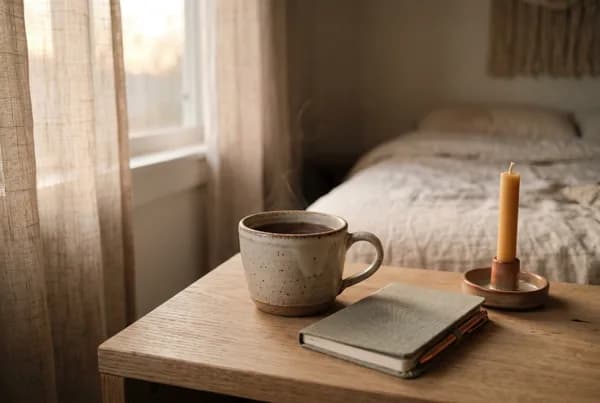 A dimmed bedside still life of a stoneware mug of tea, a folded notebook and pen, and an unlit candle on light wood, lit by warm low evening glow.