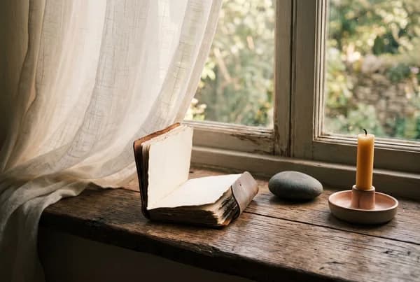 A small worn journal half-open beside a smooth river stone and an unlit candle on a weathered windowsill, warm late-afternoon light pooling across the grain of the wood.