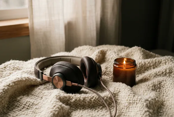 A pair of soft over-ear headphones resting on a rumpled cream wool blanket beside a low amber candle, warm light fading into a dark quiet background.