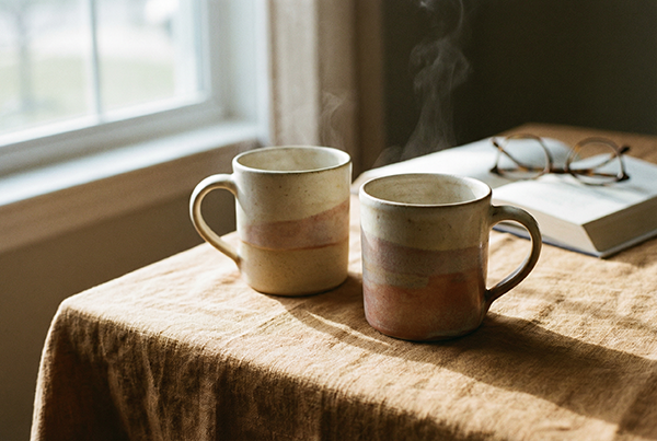 Two ceramic mugs, one steaming, beside an open book and reading glasses on a linen table — on presence and truly listening, with Ellie James