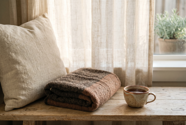 A single linen pillow and folded wool throw on pale wood beside a low ceramic cup, bathed in soft warm afternoon light through a sheer curtain.