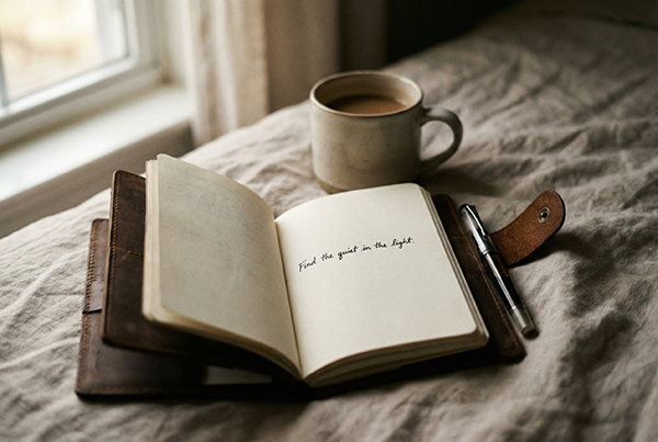 An open journal with a handwritten line and a cup of coffee on soft linen bedding — on setting a daily morning intention, with Ellie James