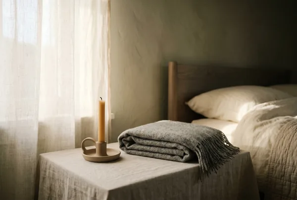 A single unlit candle and a folded grey wool throw on a pale linen bedside table, low amber lamplight pooling from one side into deep shadow, soft and still.