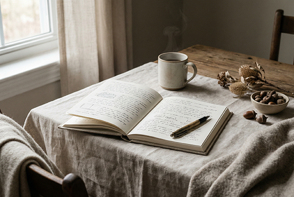 An open handwritten journal and a steaming mug on a linen table in soft morning light — on building a morning ritual that lasts, with Ellie James